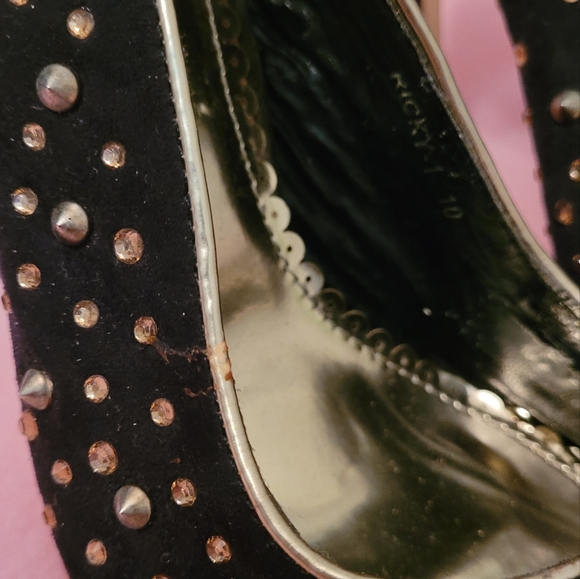 Ladies Alba Size 10 strappy black and gold studded stilettos heels - Picture 4 of 11